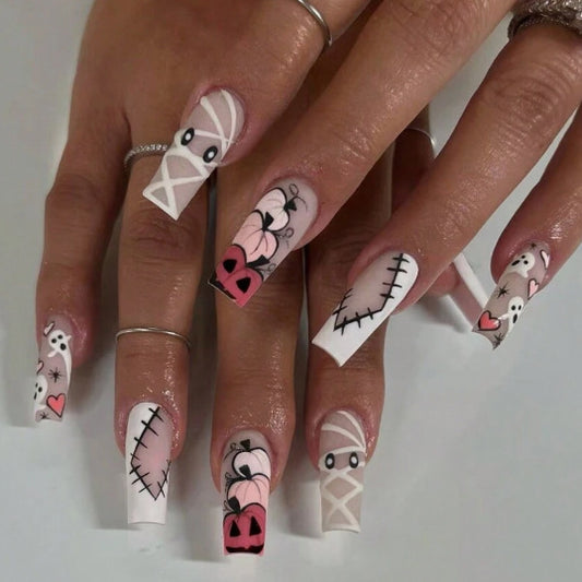 Spooky Season Long Square White and Pink Ghost and Pumpkin Design Press on Nail Set