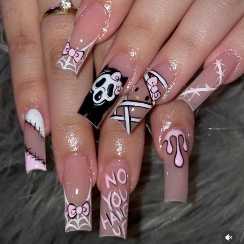 Gothic Glam Long Square Pink and Black Nail Set with Unique Graphic Designs