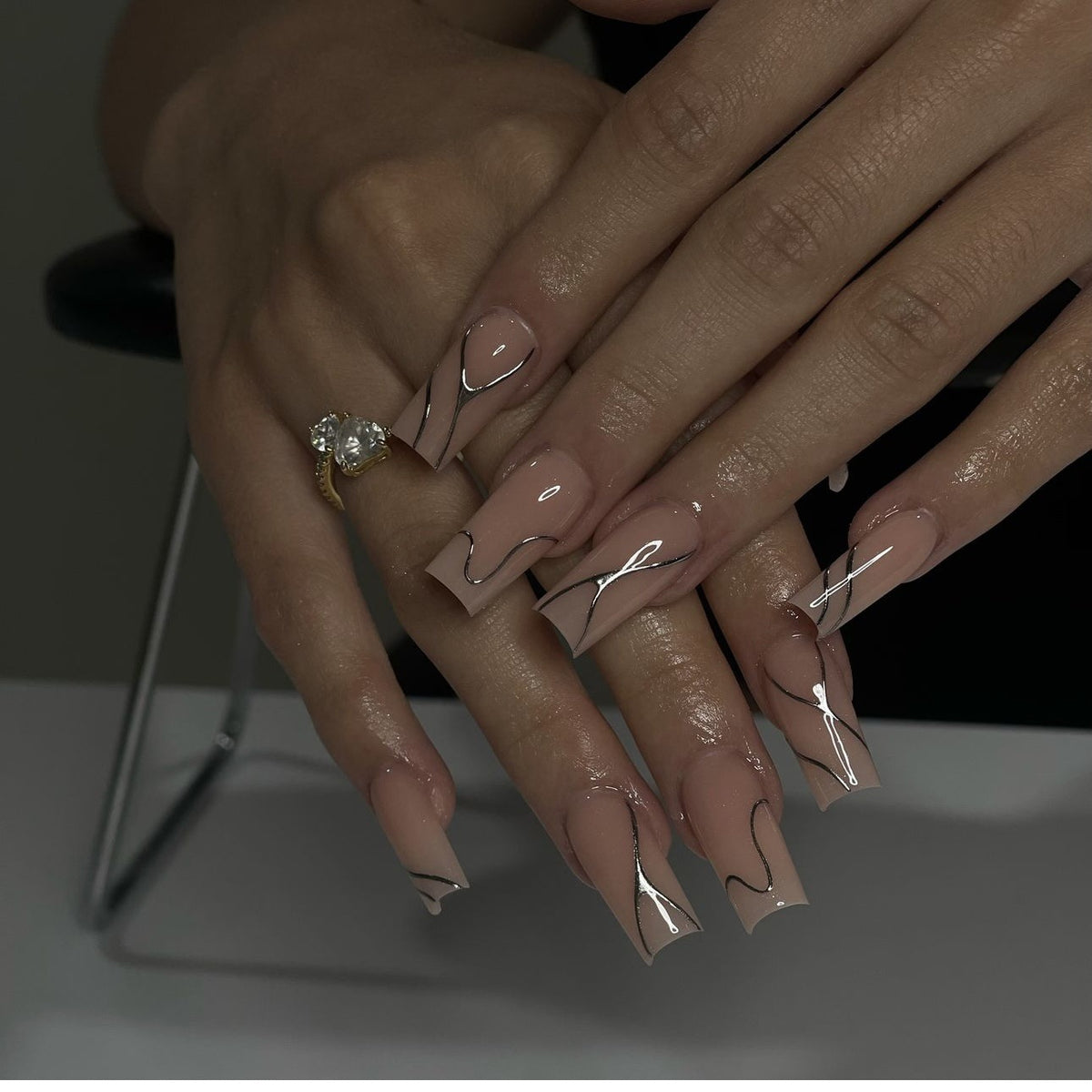 Chic Elegance Long Square Beige with Silver Line Design Press On Nail Set