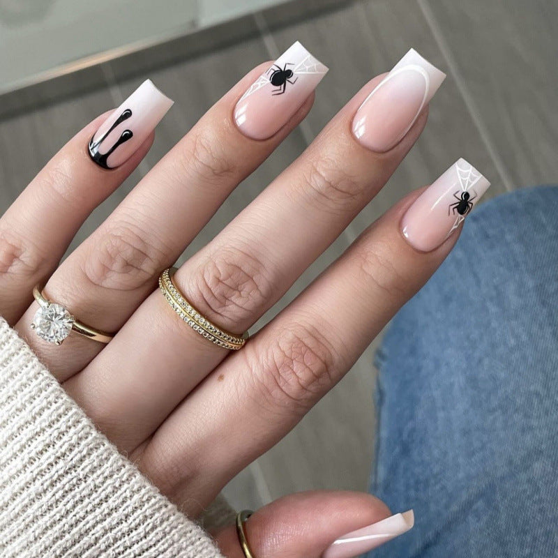 Spooky Elegance Medium Square Pink with Spider Web Design Press on Nail Set