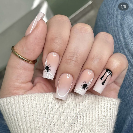Spooky Elegance Medium Square Pink Ombre with Spider and Dripping Black Design Press On Nail Set