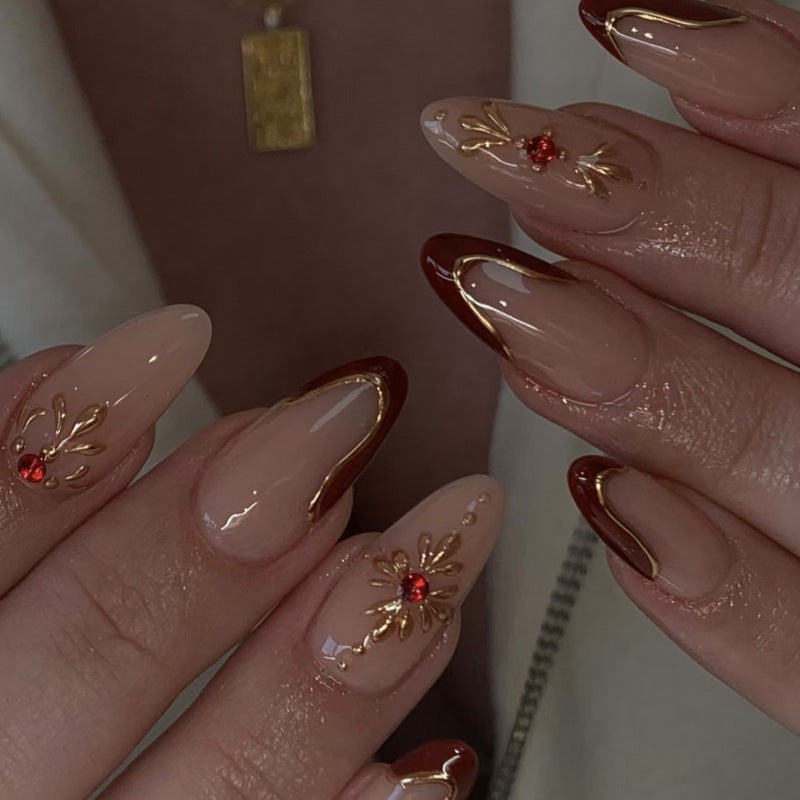 Elegant Autumn Vibes Long Almond Red and Gold Accent Press on Nail Set