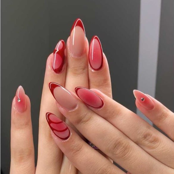 Romantic Elegance Medium Stiletto Red and Clear Dual Tone Design Press On Nail Set