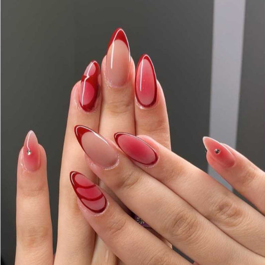 Romantic Elegance Medium Stiletto Red and Clear Dual Tone Design Press On Nail Set