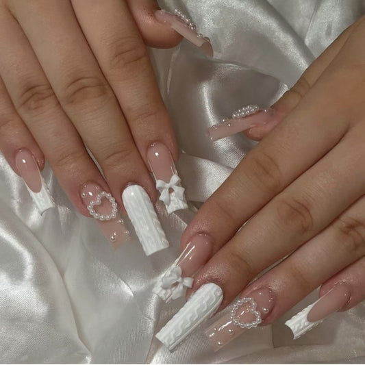Elegant Romance Long Square White with Pearl and Bow Accents Press On Nail Set