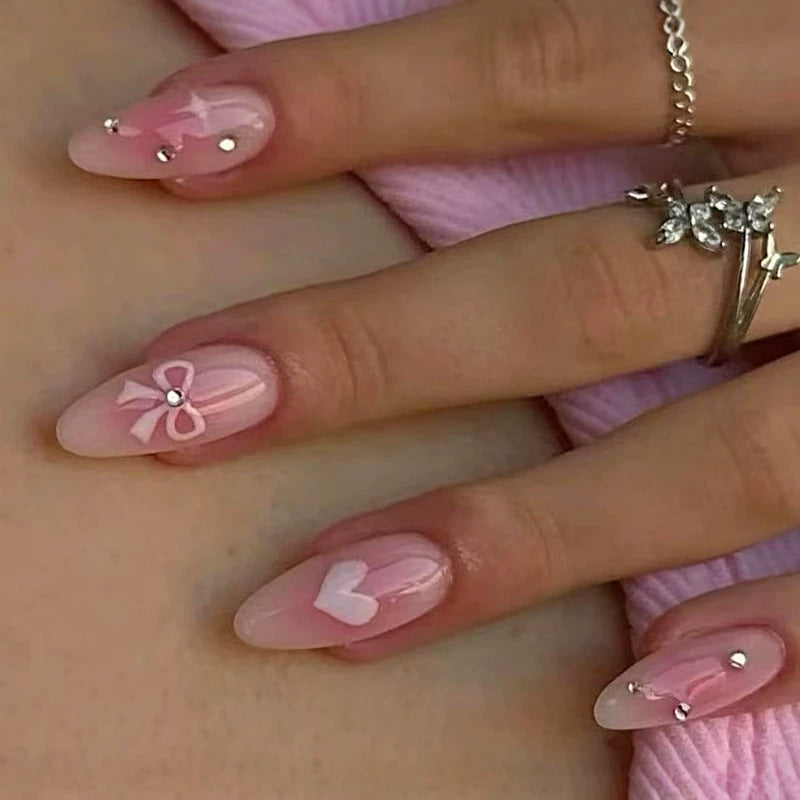 Cute Bow Theme Medium Almond Pink Press On Nail Set with Charming Accessories