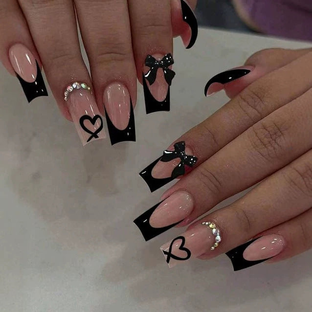 Glamorous Bow Accent Long Square Black and Pink Press on Nail Set