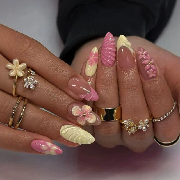 Tropical Blossom Medium Almond Pink and Cream Floral Nail Set