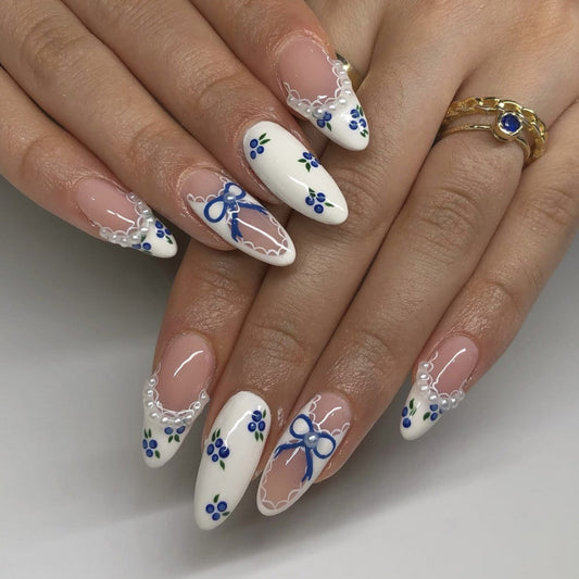 Whimsical Floral Charm Long Oval White with Blue Bow Nail Set