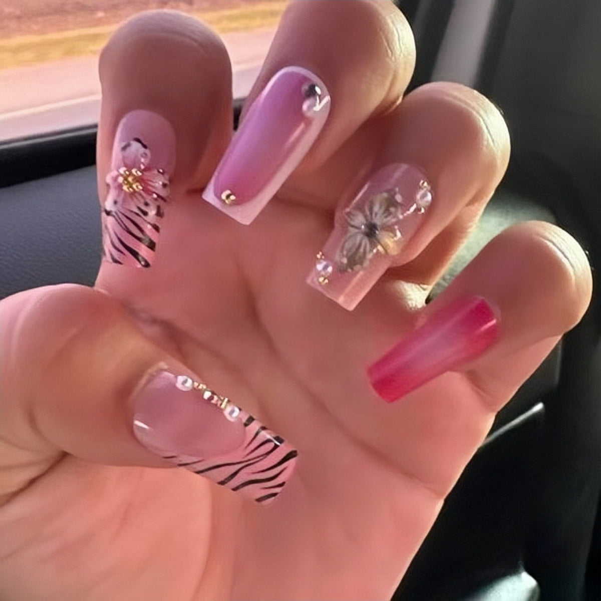 Chic Safari Long Square Pink with Glamorous Floral Accents Press on Nail Set