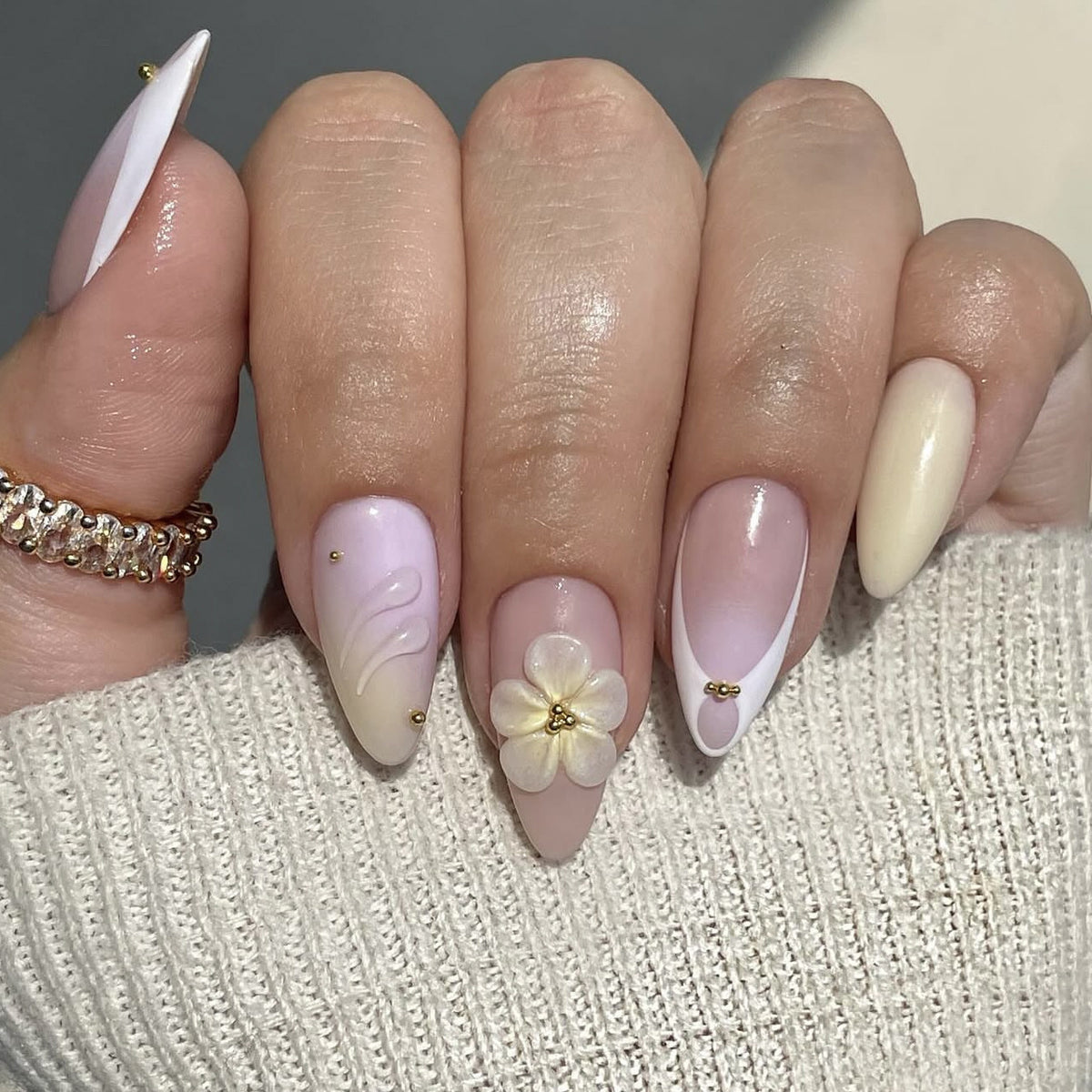 Whimsical Blossom Medium Almond Pink with Floral Accents Press On Nail Set