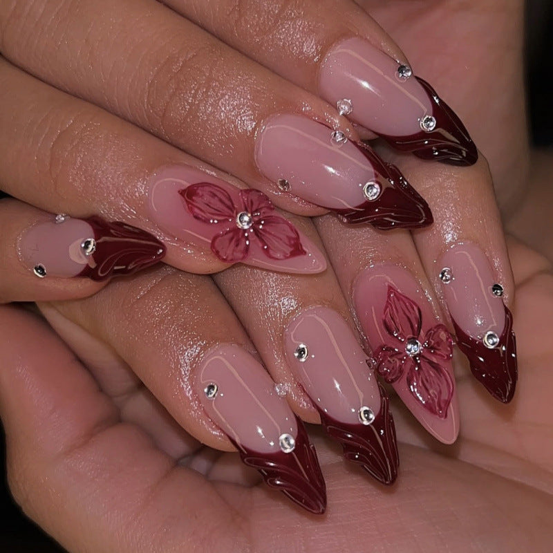 Floral Elegance Long Stiletto Burgundy and Pink with Floral Accents and Rhinestone Embellishments Press On Nail Set