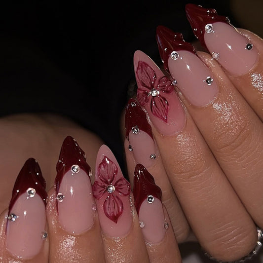 Elegant Glamour Long Stiletto Burgundy Floral Press On Nail Set