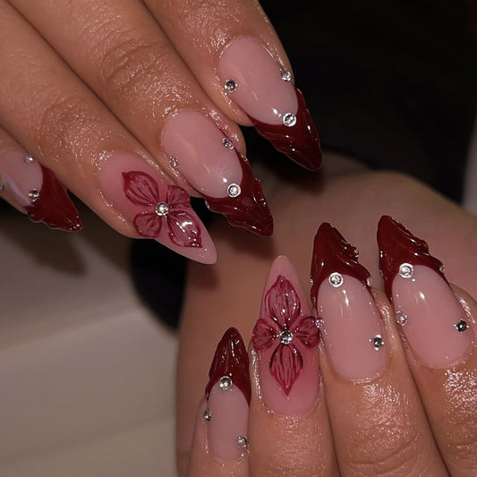 Enchanting Floral Elegance Long Stiletto Red and Pink with Sparkling Gems Press On Nail Set
