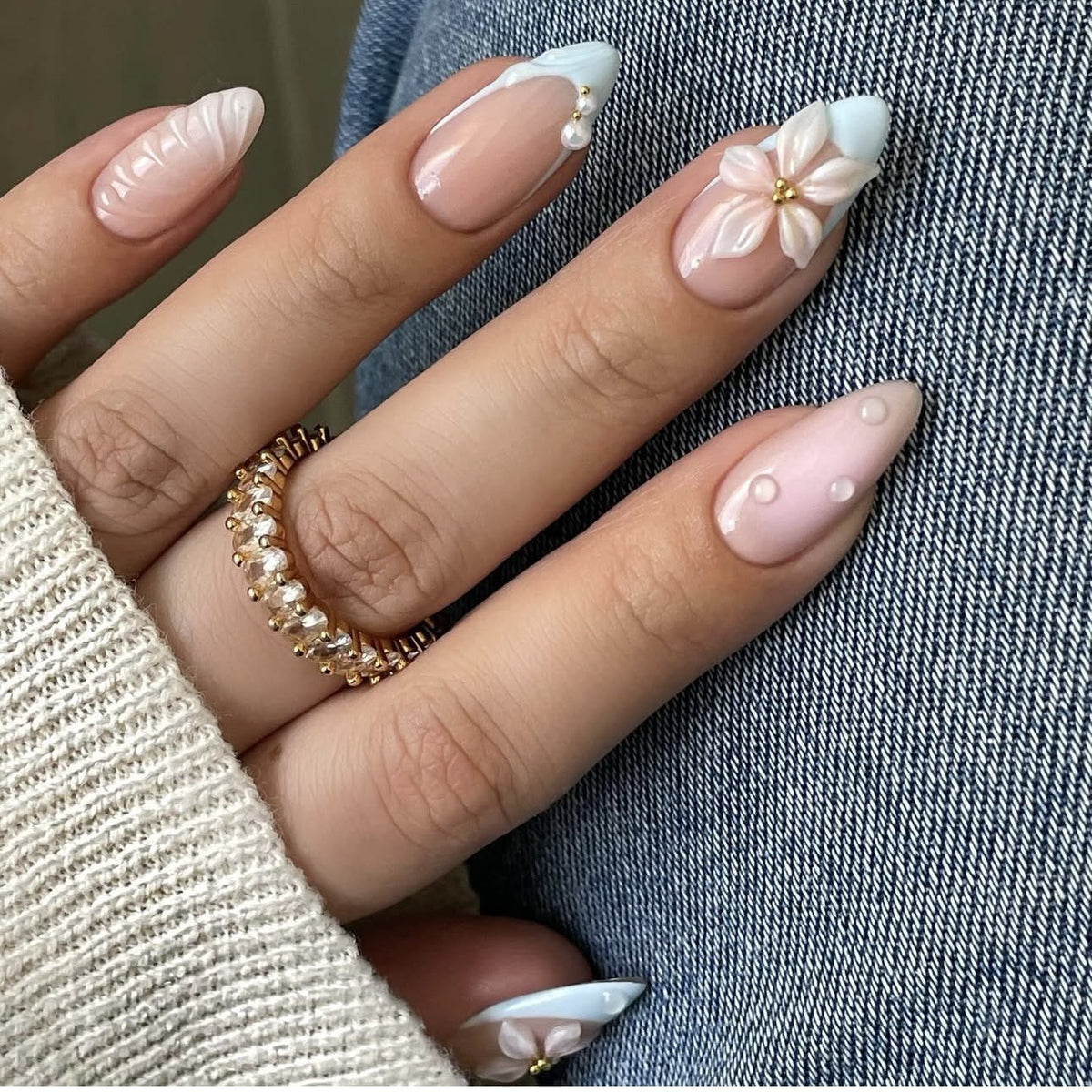 Whimsical Floral Medium Almond Pink Press On Nail Set with Elegant Flower Accents