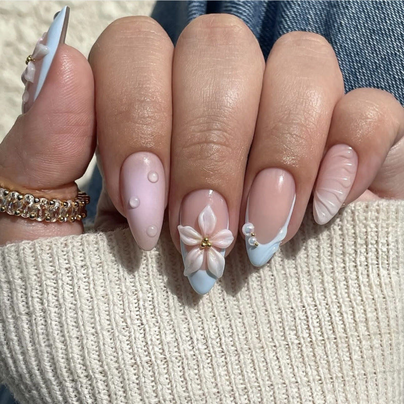 Floral Dream Medium Almond Light Blue with Flower and Pearl Accent Press On Nail Set