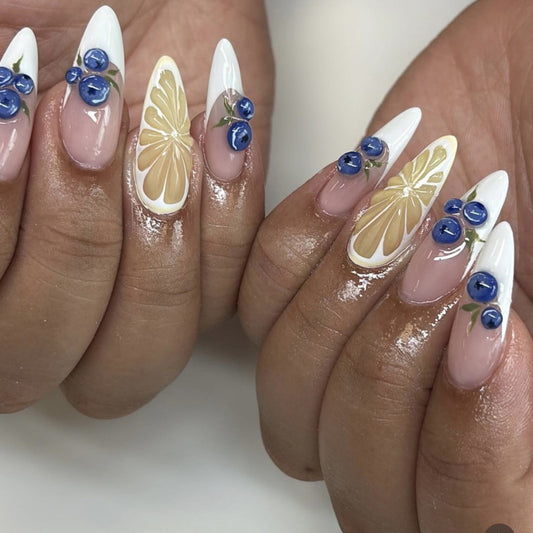 Floral Elegance Long Stiletto White and Blue Flower Design Press On Nail Set