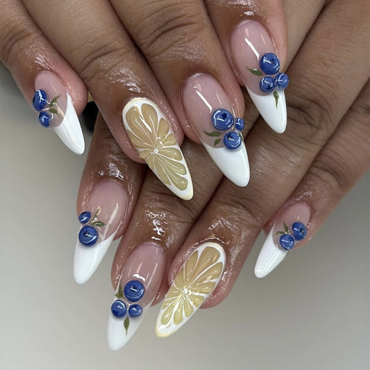 Citrus Bliss Long Stiletto White with Floral Accents Press On Nail Set