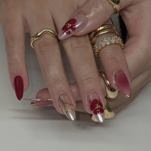 Flower Petal Inspired Long Stiletto Burgundy and Silver Ombre Press on Nail Set