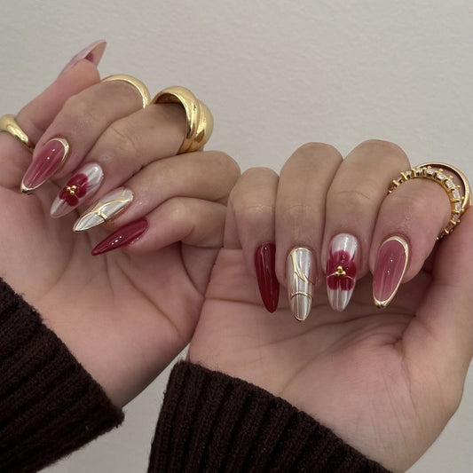 Enchanting Floral Stiletto Long Burgundy with Gold Accents Press On Nail Set