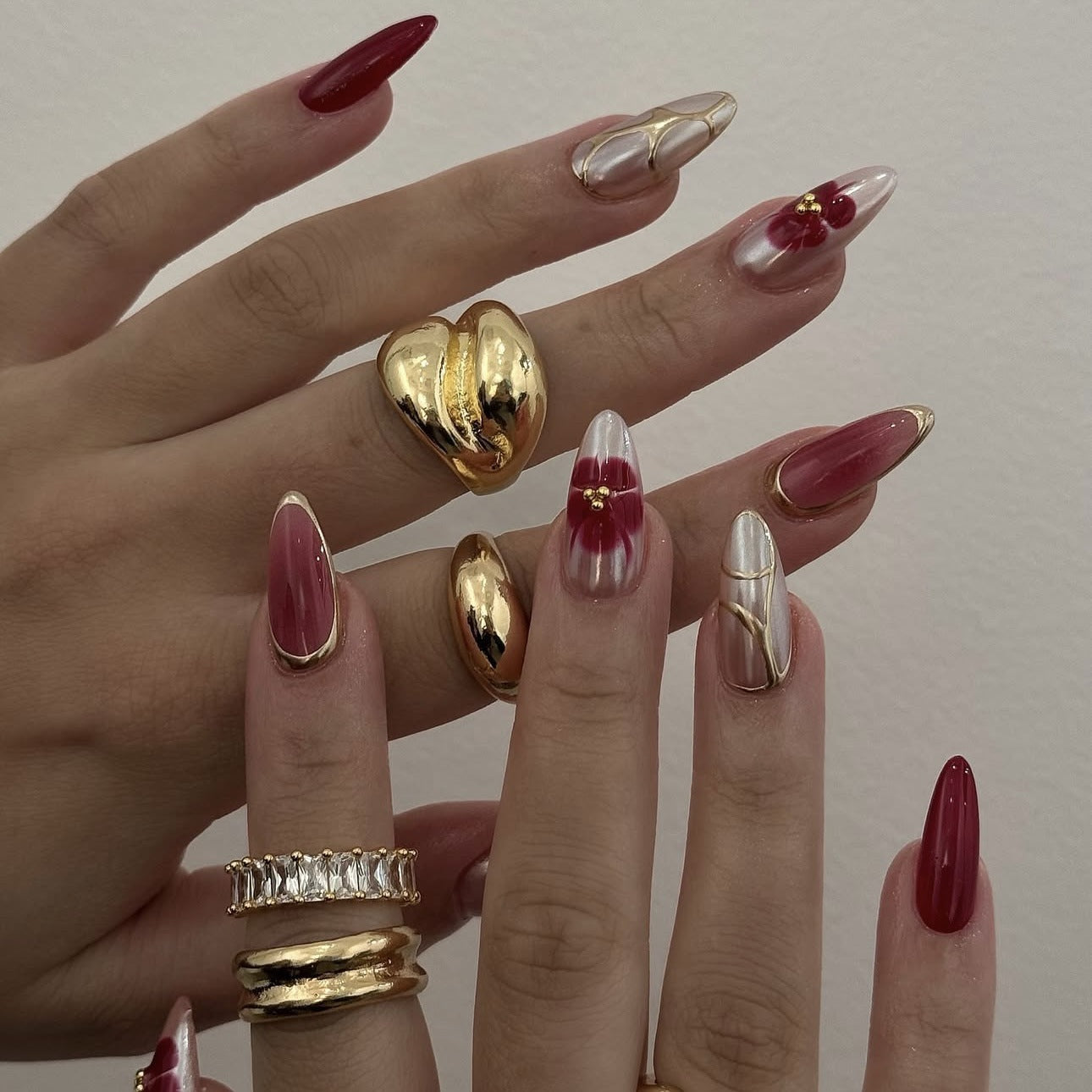 Elegant Garden Fantasy Long Stiletto Burgundy with Gold Accents Press On Nail Set