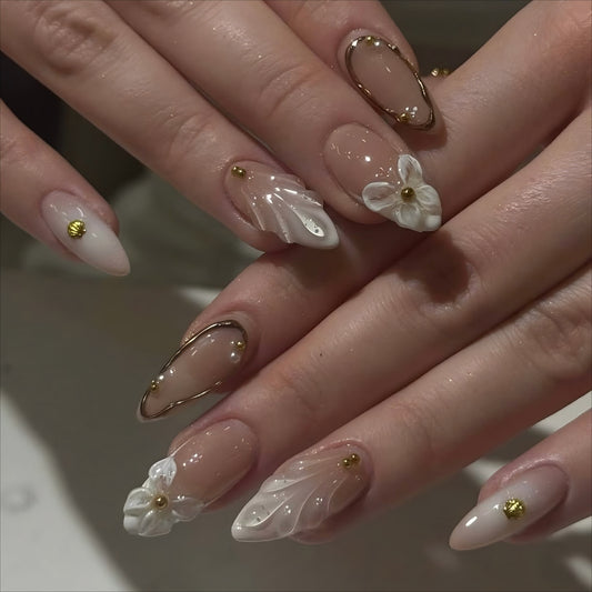 Elegant Floral Design Medium Stiletto Clear with Gold Accents Press on Nail Set