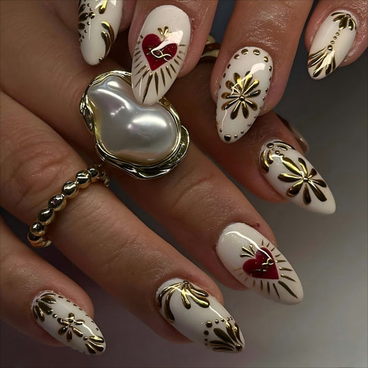 Elegant Romance Medium Almond White with Gold Floral Accents Press On Nail Set