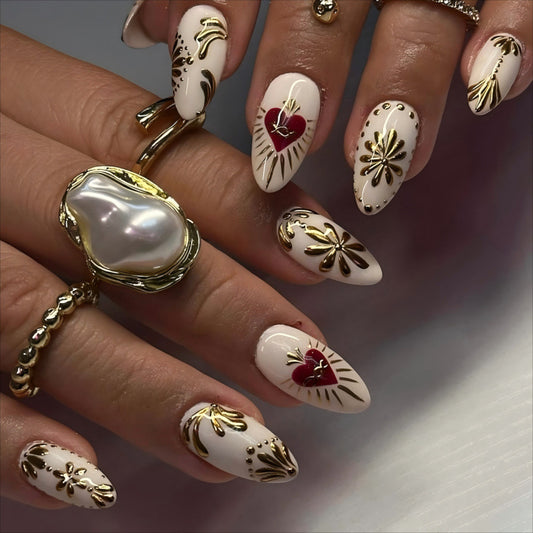 Elegant Romance Medium Almond White with Gold Floral Accents Press on Nail Set