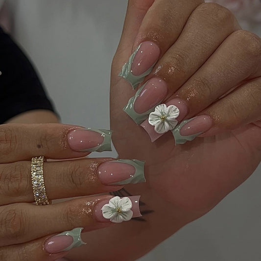 Floral Dream Medium Square Pink with Green Accents and Flower Decoration Press On Nail Set