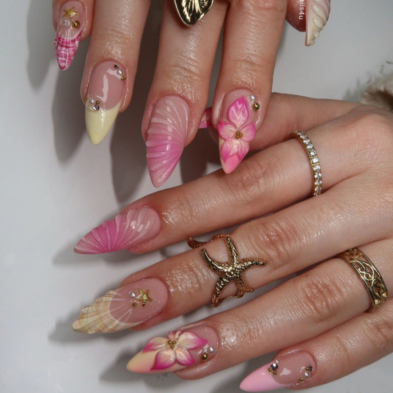 Seaside Glamour Medium Almond Pink Nail Set with Floral and Shell Accents