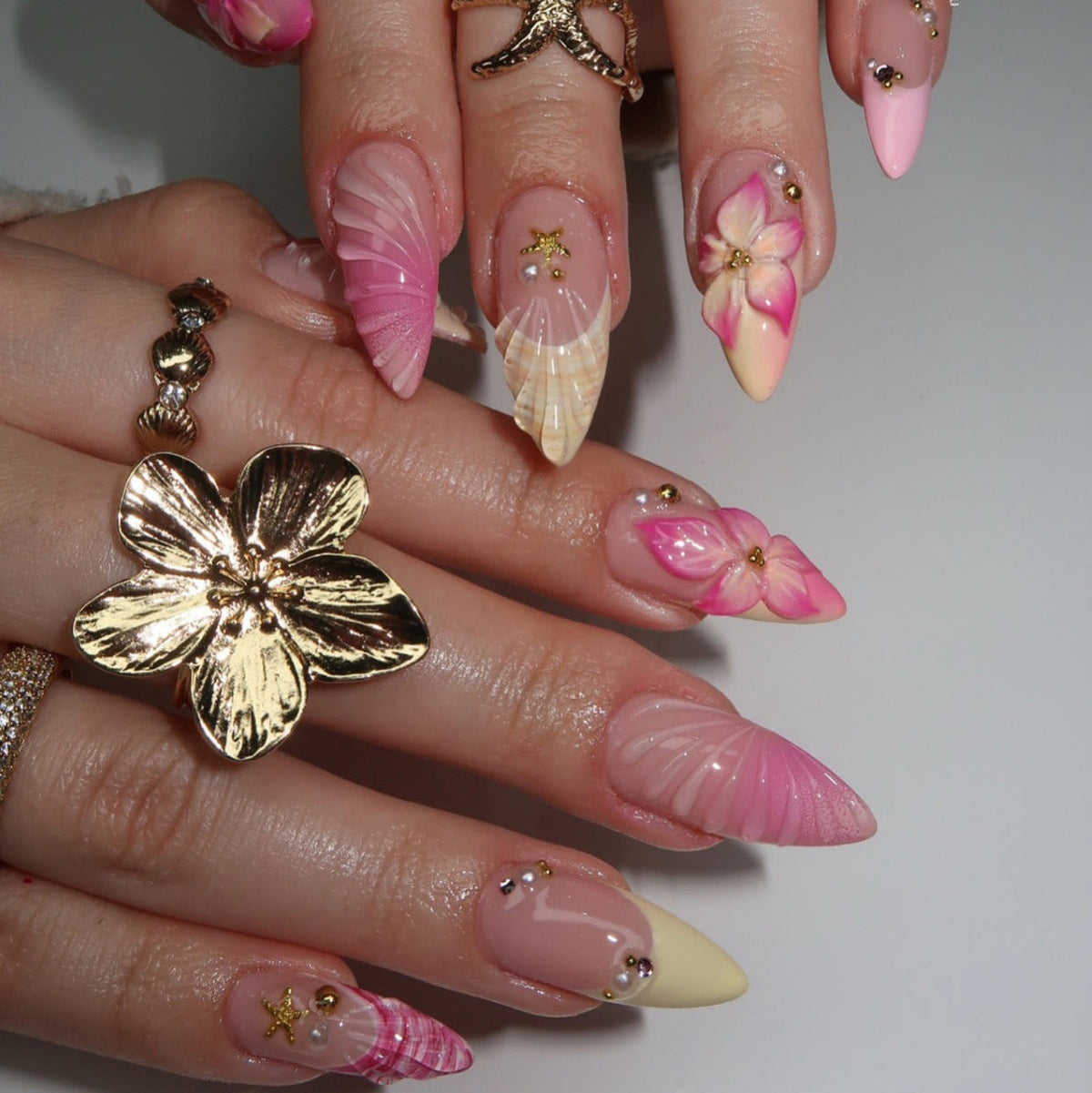 Tropical Dream Medium Almond Pink Press On Nail Set with Floral Accents