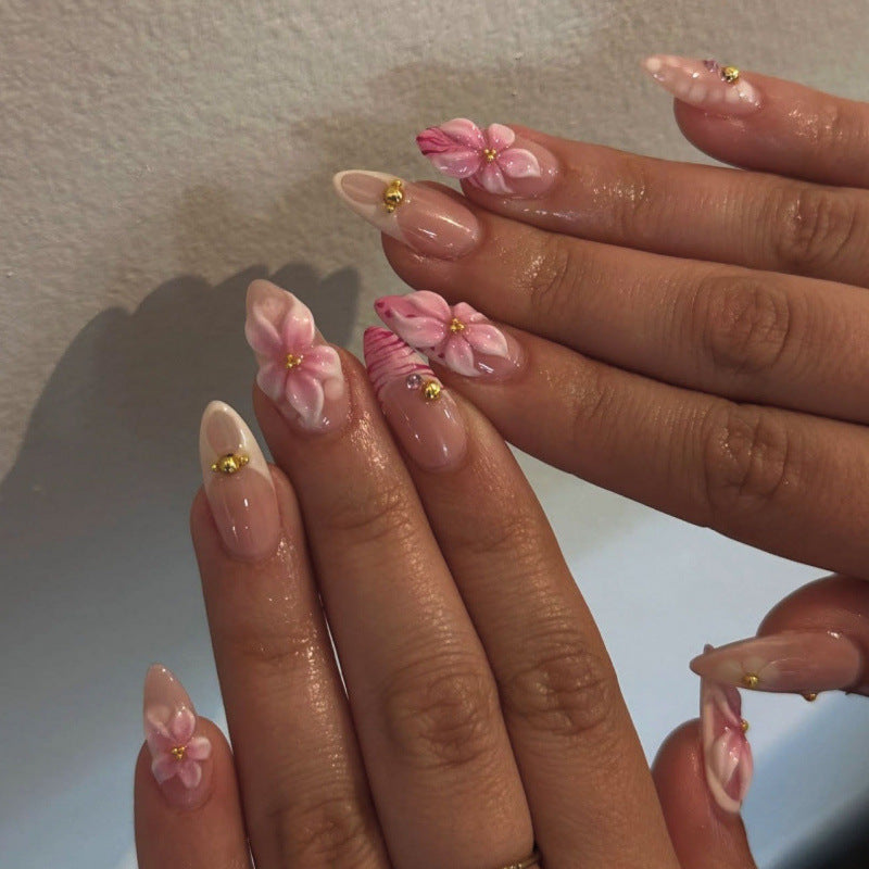 Charming Floral Design Medium Almond Pink Press On Nail Set with Golden Accents