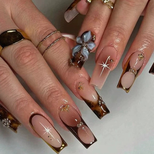 Chic Elegance Long Square Brown with Glitter and Floral Accents Press on Nail Set