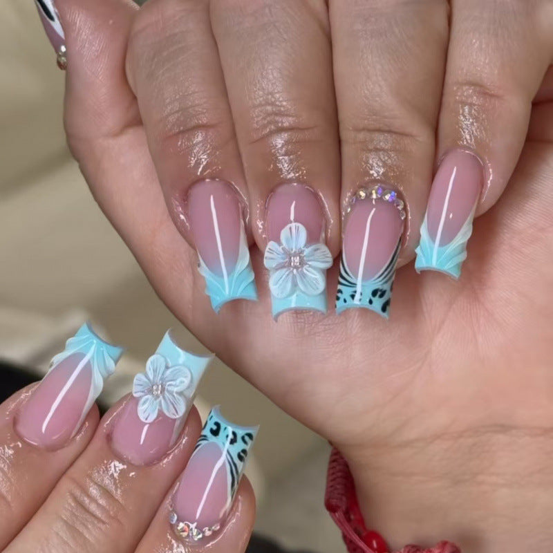 Tropical Breeze Long Square Aqua with Floral Accents Press-On Nail Set