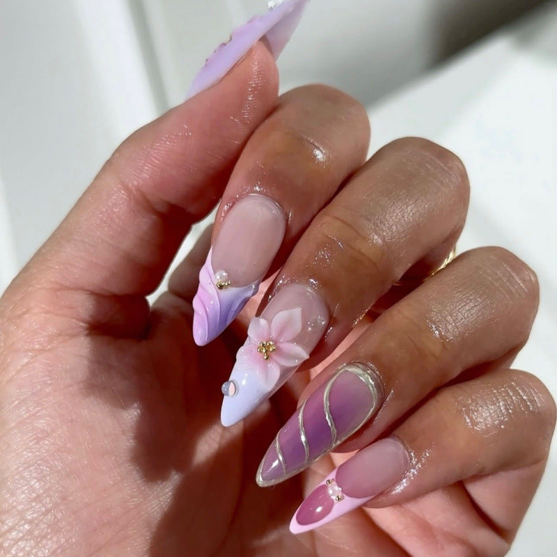 Enchanting Floral Fantasy Long Stiletto Lavender and Pink with Elegant Gold Accents