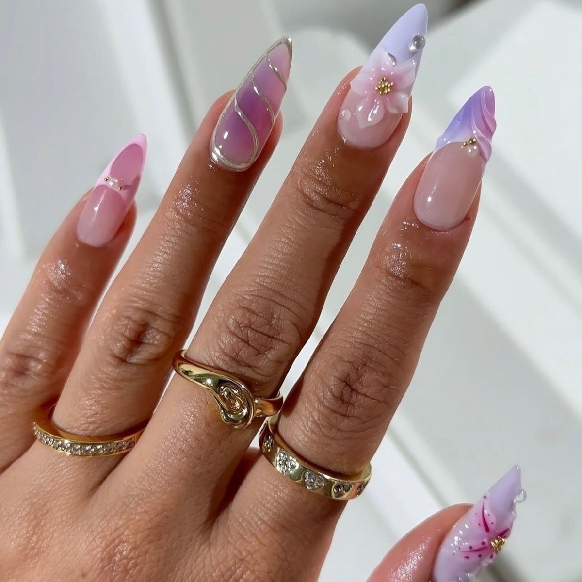 Whimsical Dream Long Stiletto Pink and Lavender Ombre with Floral Accents Press on Nail Set