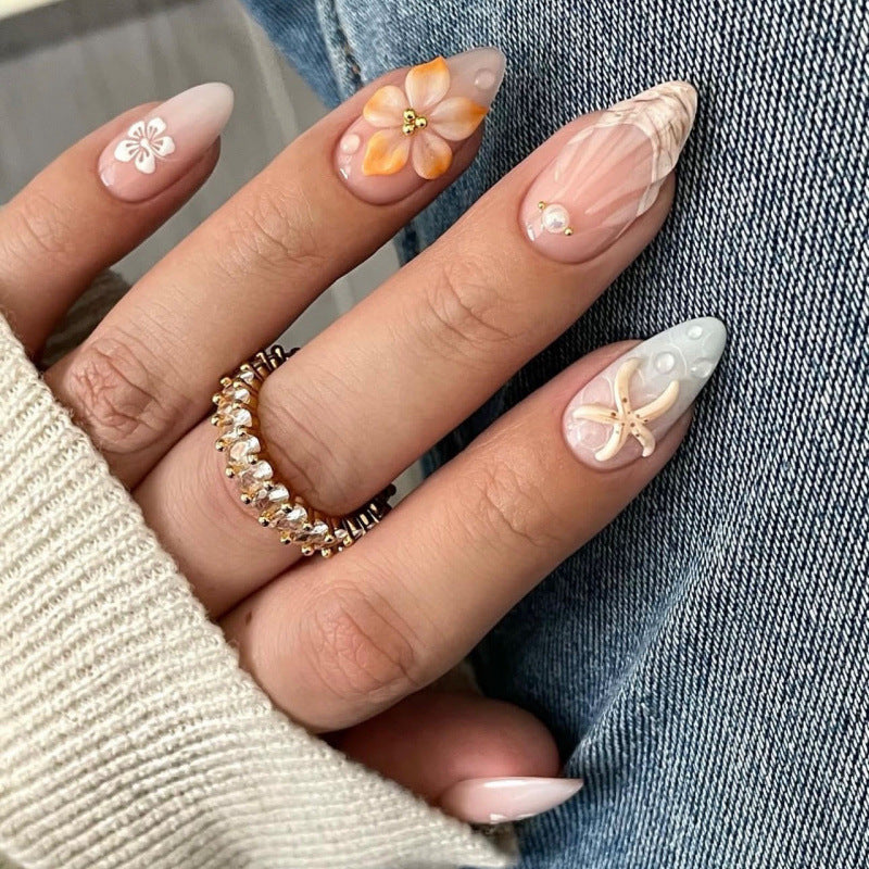 Beachy Bliss Medium Almond Press On Nail Set with Floral and Oceanic Designs