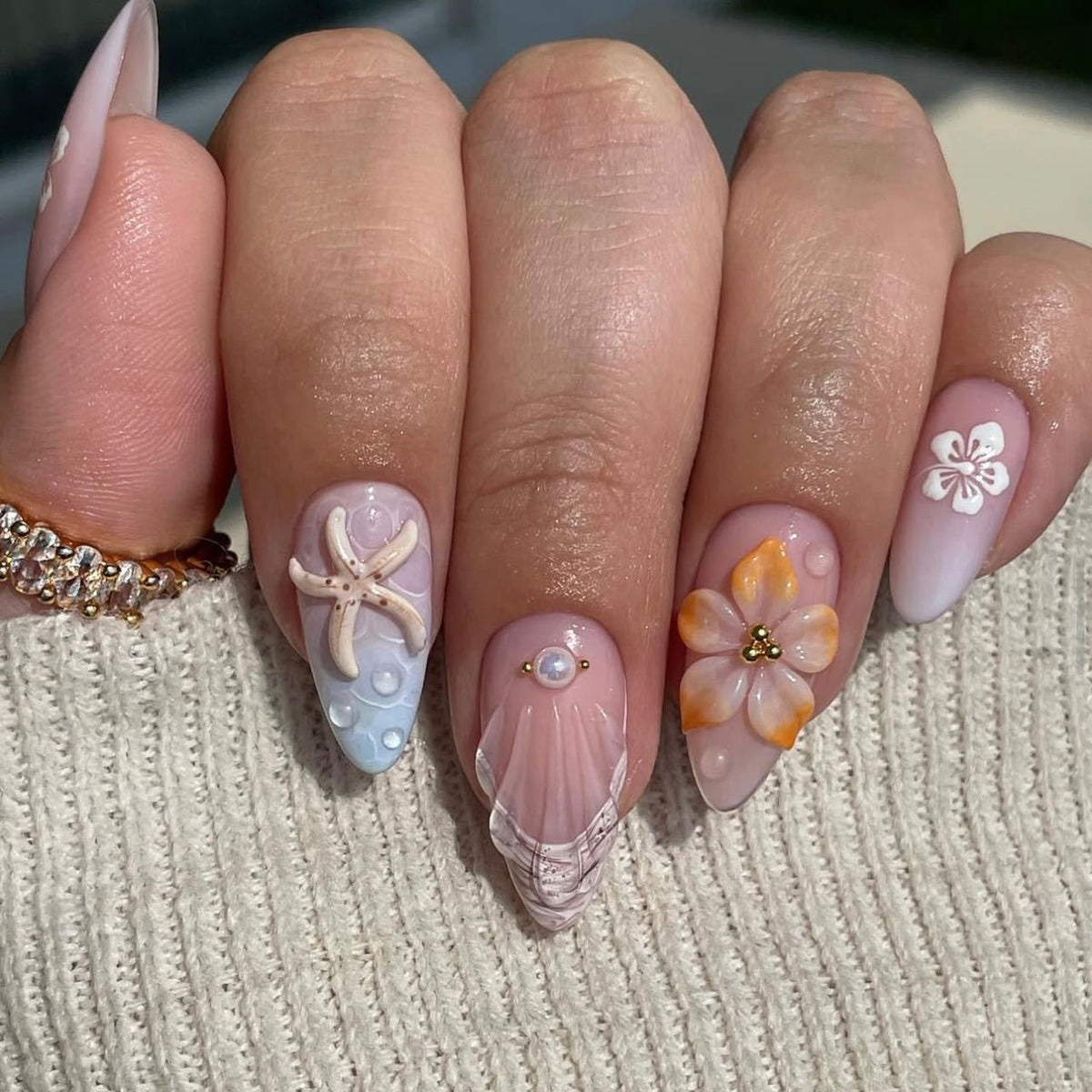 Beachy Vibes Medium Almond Soft Pink with Floral Accents Press-On Nail Set