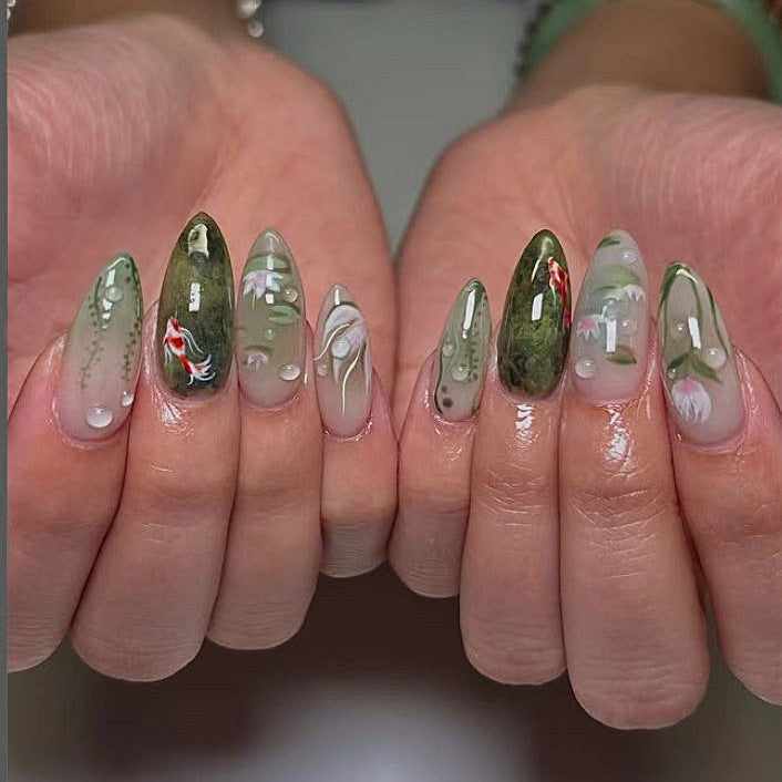 Serene Nature Inspired Long Almond Green Floral Design Press On Nail Set