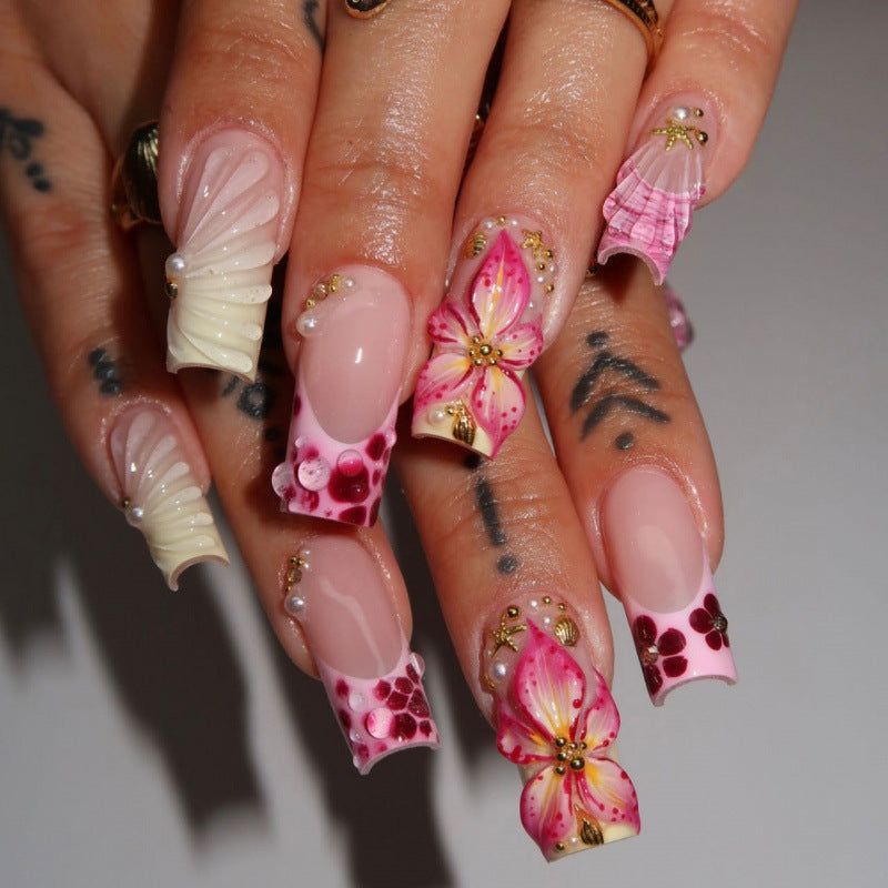 Floral Fantasy Long Square Pink with Intricate Flower Art Press on Nail Set