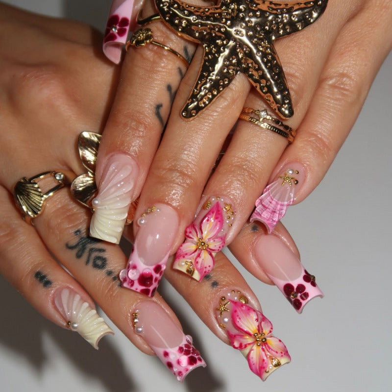 Tropical Elegance Long Square Pink Floral Press On Nail Set with Pearl Accents