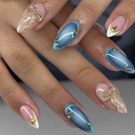 Beach Vibes Medium Stiletto Blue Ombre with Gold Accents Nail Set