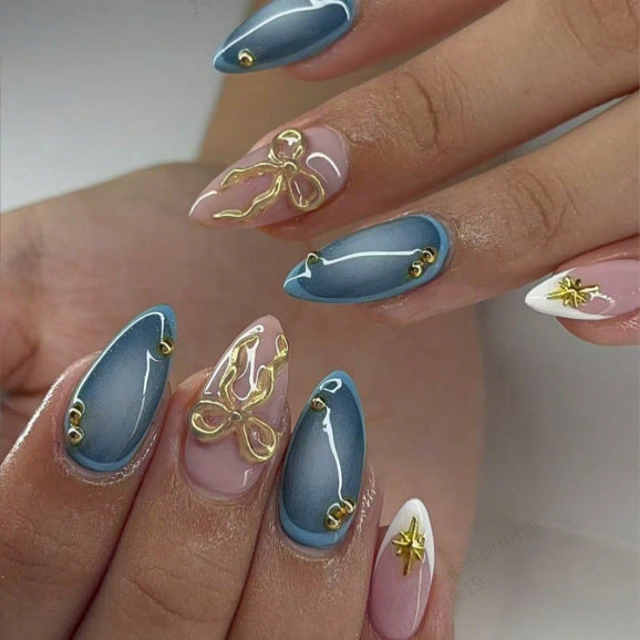 Elegant Ocean Breeze Medium Almond Blue With Stunning Gold Accents Press On Nail Set