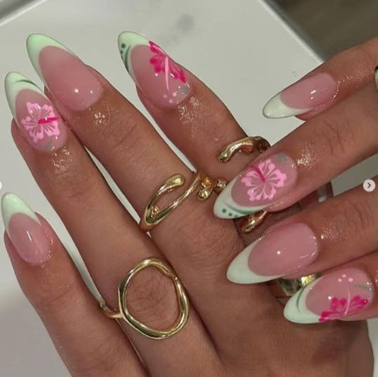 Blooming Elegance Long Stiletto Mint Green with Floral Artwork Press On Nail Set