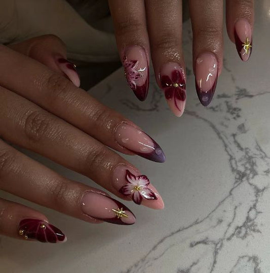 Blooming Elegance Long Stiletto Ombre Nails with Floral Accents