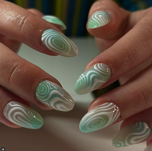Serene Swirl Medium Oval Green Ombre Nail Set