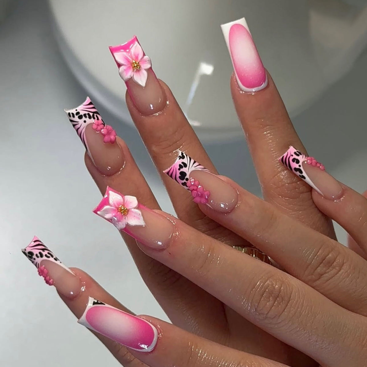 Tropical Paradise Long Square Pink Floral Press On Nail Set