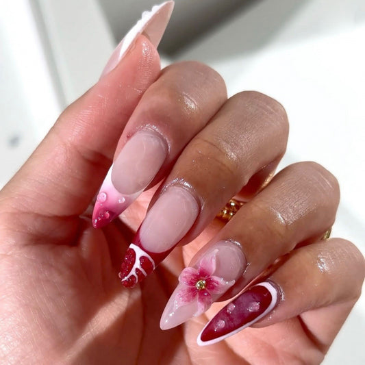 Floral Delight Long Stiletto Pink Nail Press Set with Unique Design Features