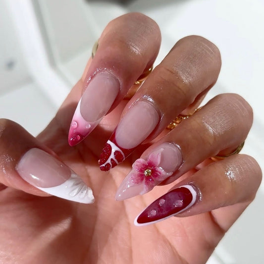 Floral Fantasy Long Stiletto Pink and White Press-On Nail Set with Unique 3D Designs