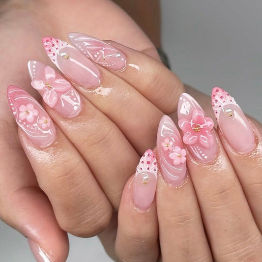 Blossom Inspired Long Stiletto Pink Press On Nail Set with Floral Accents